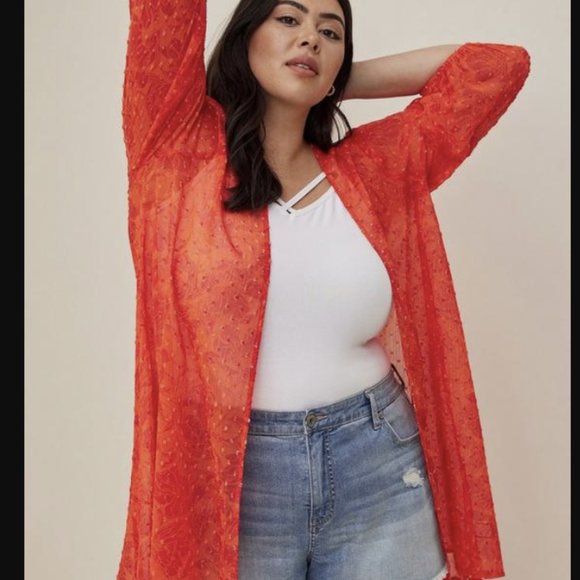 torrid Tops - TORRID Blouson Sleeve Kimono - Clip Dot Chiffon Red NWT